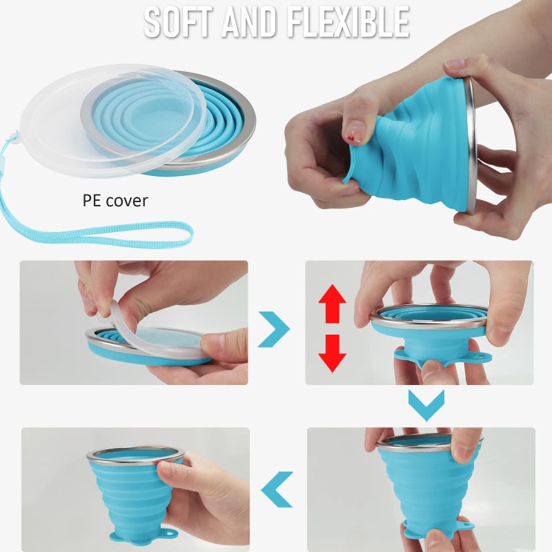 JBER Silicone Collapsible Travel Cup, 4 Pack Silicone Folding Camping Cup with Lids Expandable Drinking Cup Set BPA Free Reusable Portable Graduated for Outdoor Hiking Travel - Image 5